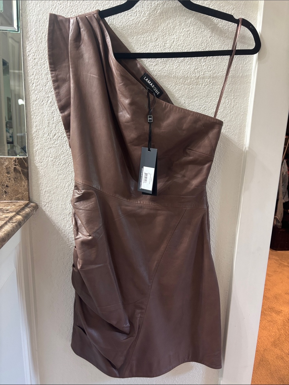 Lamarque One-Shoulder Brown Leather Mini Dress